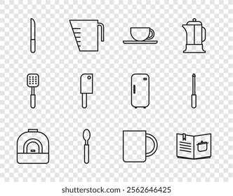 Set line Oven, Cookbook, Coffee cup, Spoon, Knife, Meat chopper,  and sharpener icon. Vector