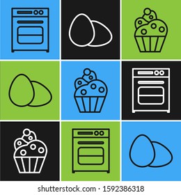 Set line Oven , Cupcake  and Chicken egg  icon. Vector
