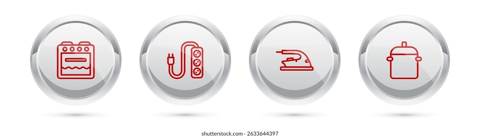 Set line Oven, Electric extension, iron and Cooking pot. Silver circle button. Vector