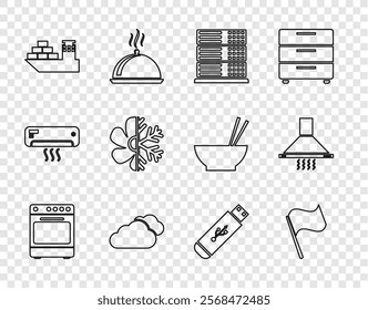 Set line Oven, Flag, Server, Data, Web Hosting, Cloud, Cargo ship, Air conditioner, USB flash drive and Kitchen extractor fan icon. Vector