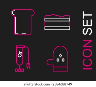 Set line Oven glove, Blender, Brownie chocolate cake and Bread toast icon. Vector