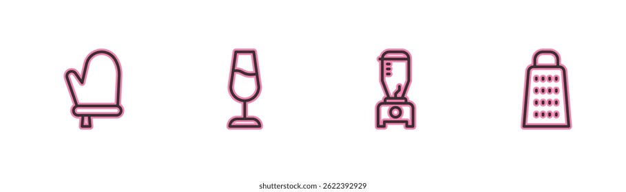 Definir linha Luva de forno, liquidificador, Vidro de vinho e ícone Grater. Vetor