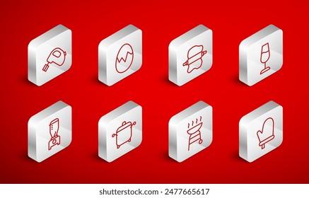 Set line Oven glove, Broken egg, Rolling pin on dough, Wine glass, Barbecue grill, Electric mixer, Cooking pot and Blender icon. Vector