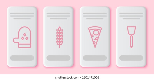 Set line Oven glove , Cereals with rice, wheat, corn, oats, rye, Slice of pizza  and Spatula . White rectangle button. Vector