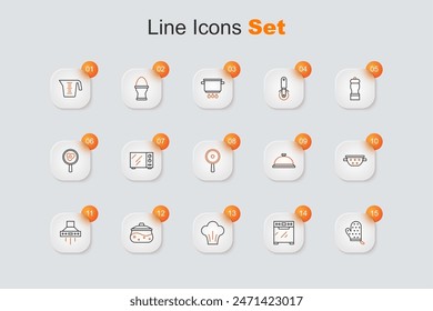 Set line Oven glove, Chef hat, Cooking pot, Kitchen extractor fan, colander, Covered with tray of food and Frying pan icon. Vector