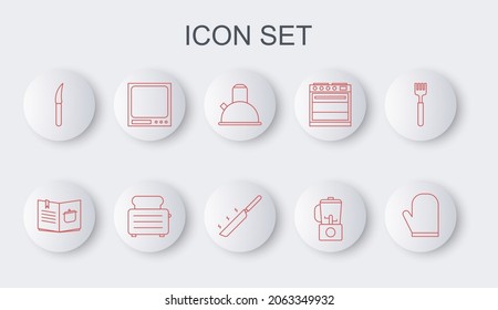 Set line Oven glove, Cookbook, Kettle with handle, Blender, Knife, Electronic scales, Toaster toasts and Frying pan icon. Vector