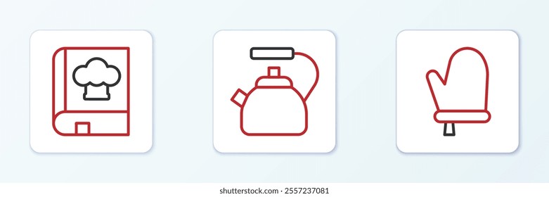 Set line Oven glove, Cookbook and Kettle with handle icon. Vector