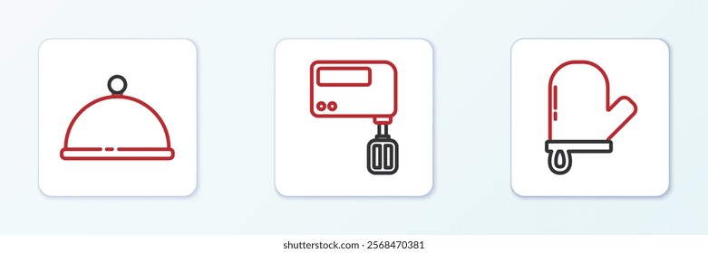 Set line Oven glove, Covered with tray and Electric mixer icon. Vector
