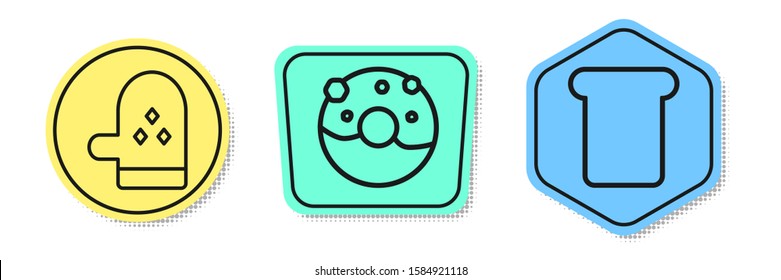 Set line Oven glove , Donut with sweet glaze  and Bread toast. Colored shapes. Vector