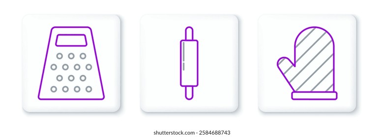 Set line Oven glove, Grater and Rolling pin icon. Vector