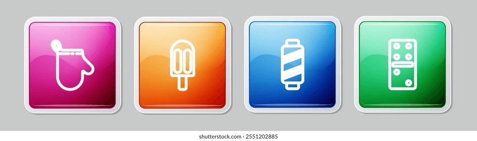 Set-Linie Backofen Handschuh, Eis, Nähgarn auf Spule und Domino. Farbiger quadratischer Knopf. Vektorgrafik