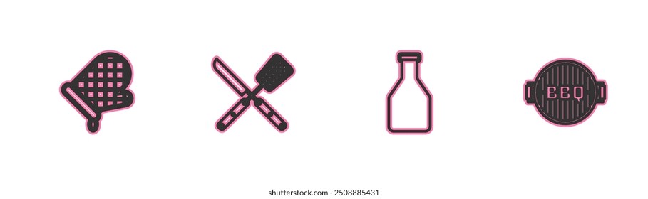 Set line Oven glove, Ketchup bottle, Crossed knife and spatula and Barbecue grill icon. Vector