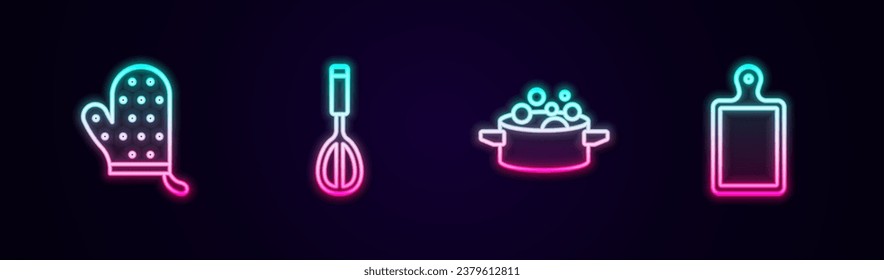 Set Linie Oven Handschuh, Küchenwhisk, Kochnische Topf und Schneiden. Leuchtendes Neonsymbol. Vektorgrafik
