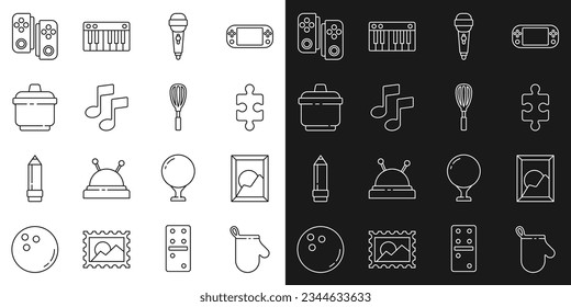 Set line Oven glove, Picture landscape, Piece of puzzle, Microphone, Music note, tone, Cooking pot, Gamepad and Kitchen whisk icon. Vector