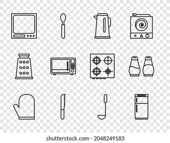 Set line Oven glove, Refrigerator, Kettle with handle, Bread knife, Electronic scales, Microwave oven, Kitchen ladle and Salt pepper icon. Vector