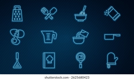 Definir linha Luva de forno, Saucepan, batedor de cozinha com tigela, copo de medida, ovo quebrado, Grater, e ícone de garfo e colher cruzada. Vetor