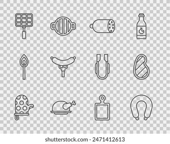 Set line Oven glove, Sausage, Salami sausage, Roasted turkey or chicken, Barbecue steel grid, on the fork, Cutting board and Steak meat icon. Vector