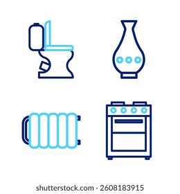 Set line Oven, Heating radiator, Vase and Toilet bowl icon. Vector