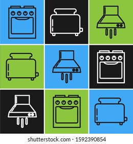 Set line Oven , Kitchen extractor fan  and Toaster with toasts  icon. Vector