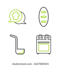 Set line Oven, Kitchen ladle, Bread loaf and Chef hat in speech bubble icon. Vector