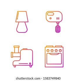 Set line Oven , Kitchen meat grinder , Table lamp  and Electric mixer . Gradient color icons. Vector