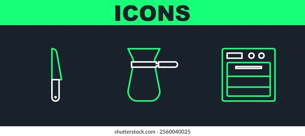 Set line Oven, Knife and Coffee turk icon. Vector