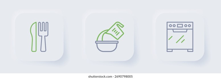 Set Linie Ofen, Messbecher und Schüssel und Kreuzmessergabel Symbol. Vektorgrafik