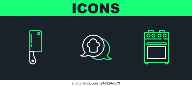 Set line Oven, Meat chopper and Chef hat in speech bubble icon. Vector