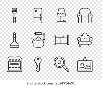 Set line Horno, Cuadro, Lámpara de mesa, Llave de casa, Espátula, Hervidor de agua con mango, Sartén y Sofá icono. Vector