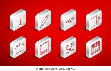 Set line Oven, Rolling pin, Kitchen colander, Coffee cup, Salt pepper, ladle, Electronic scales and Cooking pot icon. Vector