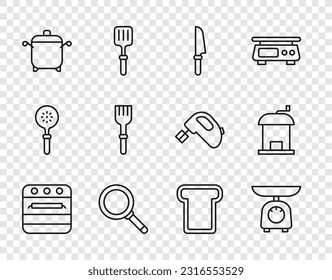 Set line Oven, Scales, Knife, Frying pan, Cooking pot, Fork, Bread toast and Manual coffee grinder icon. Vector