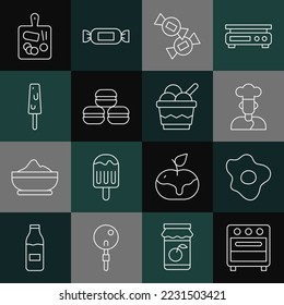Set line Oven, Scrambled eggs, Cook, Candy, Macaron cookie, Ice cream, Cutting board and bowl icon. Vector