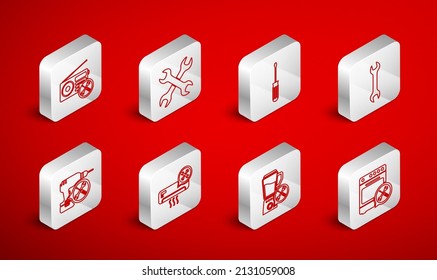 Set line Oven service, Crossed wrenchs, Screwdriver, Wrench, Blender, Radio, Air conditioner and Drill machine icon. Vector