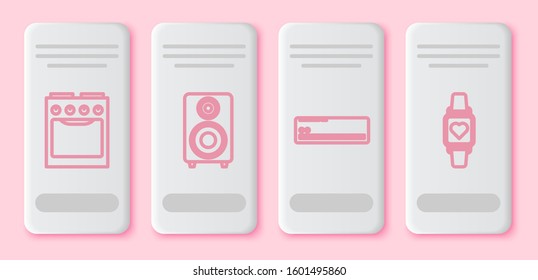 Set line Oven , Stereo speaker , Air conditioner  and Smart watch showing heart beat rate . White rectangle button. Vector