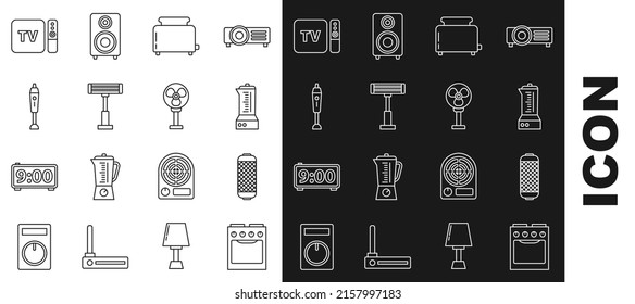 Set line Oven, Stereo speaker, Blender, Toaster with toasts, Electric heater, TV box receiver and player remote controller and fan icon. Vector