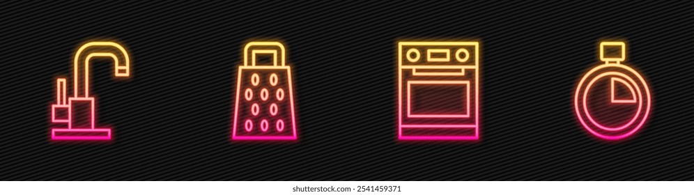 Set line Oven, Water tap, Grater and Stopwatch. Glowing neon icon. Vector