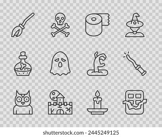 Set line Owl bird, Chocolate bar, Toilet paper roll, Castle, fortress, Witches broom, Ghost, Burning candle and Magic wand icon. Vector