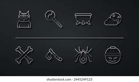 Set line Owl bird, Crossed bones, Moon and stars, Spider, Wooden axe, Lollipop, Pumpkin basket for sweets and Halloween witch cauldron icon. Vector