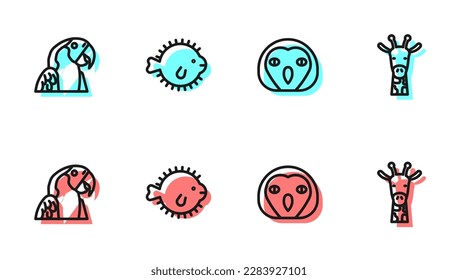 Set line Owl bird, Macaw parrot, Puffer fish and Giraffe head icon. Vector