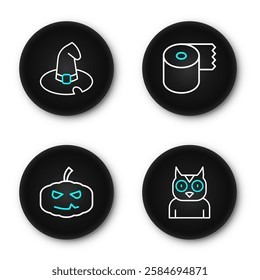 Set line Owl bird, Pumpkin, Toilet paper roll and Witch hat icon. Vector