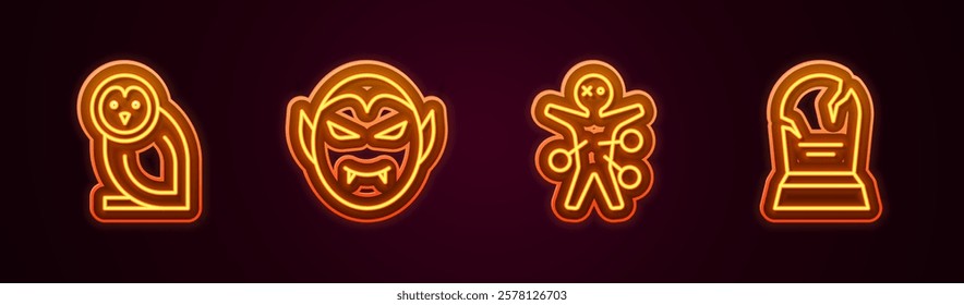 Set line Owl bird, Vampire, Voodoo doll and Tombstone with RIP written. Glowing neon icon. Vector