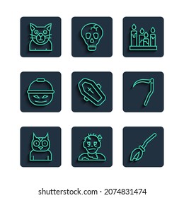 Set line Owl bird, Zombie mask, Witches broom, Burning candle, Coffin with cross, Pumpkin basket for sweets, Cat and Scythe icon. Vector