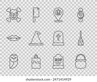 Set line Owl, Halloween witch cauldron, Pumpkin, Burning candle, Skull crossbones, Witch hat, Tombstone with RIP written and Witches broom icon. Vector