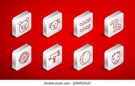 Set line Ox zodiac, Dog, Aquarius, Capricorn, Eclipse of the sun, Pig, Telescope and Solar system icon. Vector
