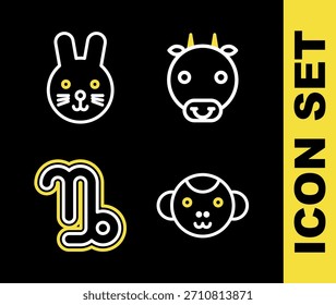 Set line Ox zodiac, Monkey, Capricorn and Rabbit icon. Vector