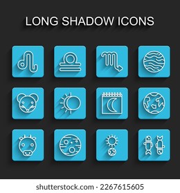 Set line Ox zodiac, Planet Mars, Leo, Solstice, Pisces, Eclipse of the sun, Earth and Moon phases calendar icon. Vector