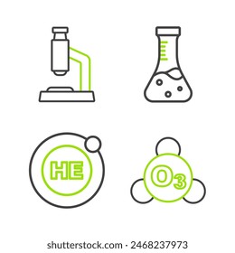 Fije la línea Ozono, Helio, Tubo de prueba y el icono del microscopio. Vector