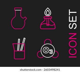 Set line Ozone, Laboratory glassware, Alcohol spirit burner and Test tube icon. Vector