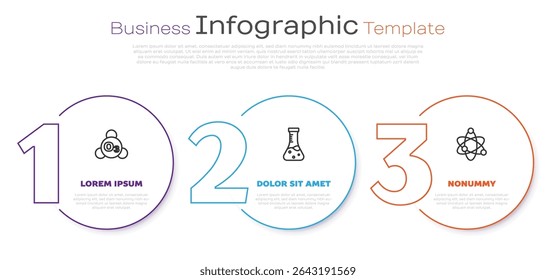 Linha de ajuste Ozônio, tubo de ensaio e átomo. Modelo de infográfico comercial. Vetor