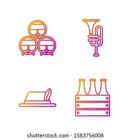 Set line Pack of beer bottles, Oktoberfest hat, Wooden barrel on rack with stopcock and Musical instrument trumpet. Gradient color icons. Vector